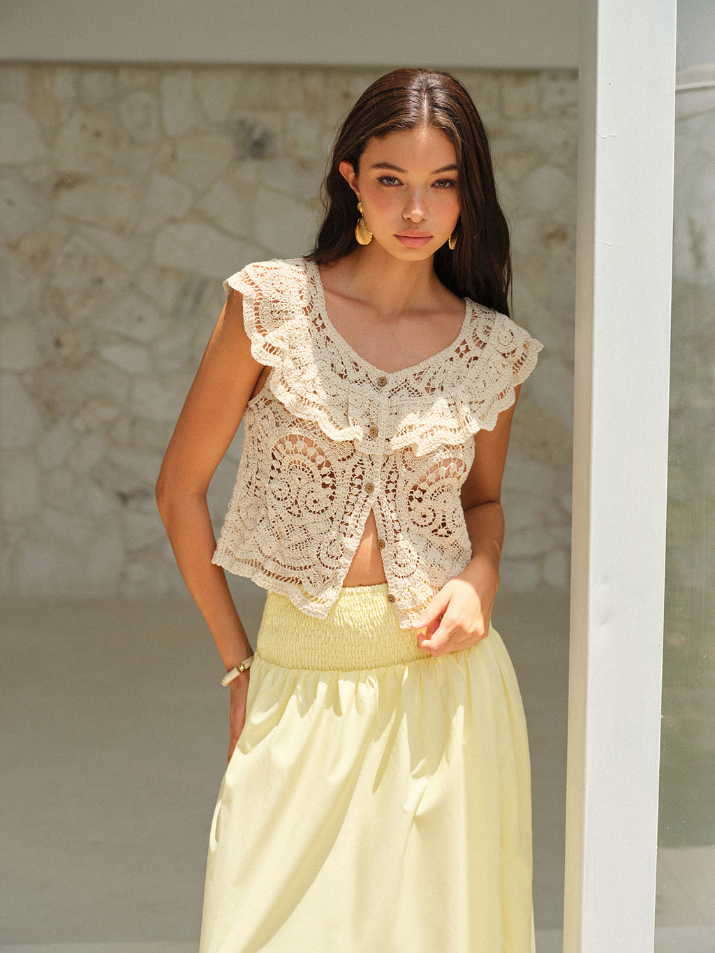 Ruffle Collar Cotton Top in Apricot — Svelte Chic