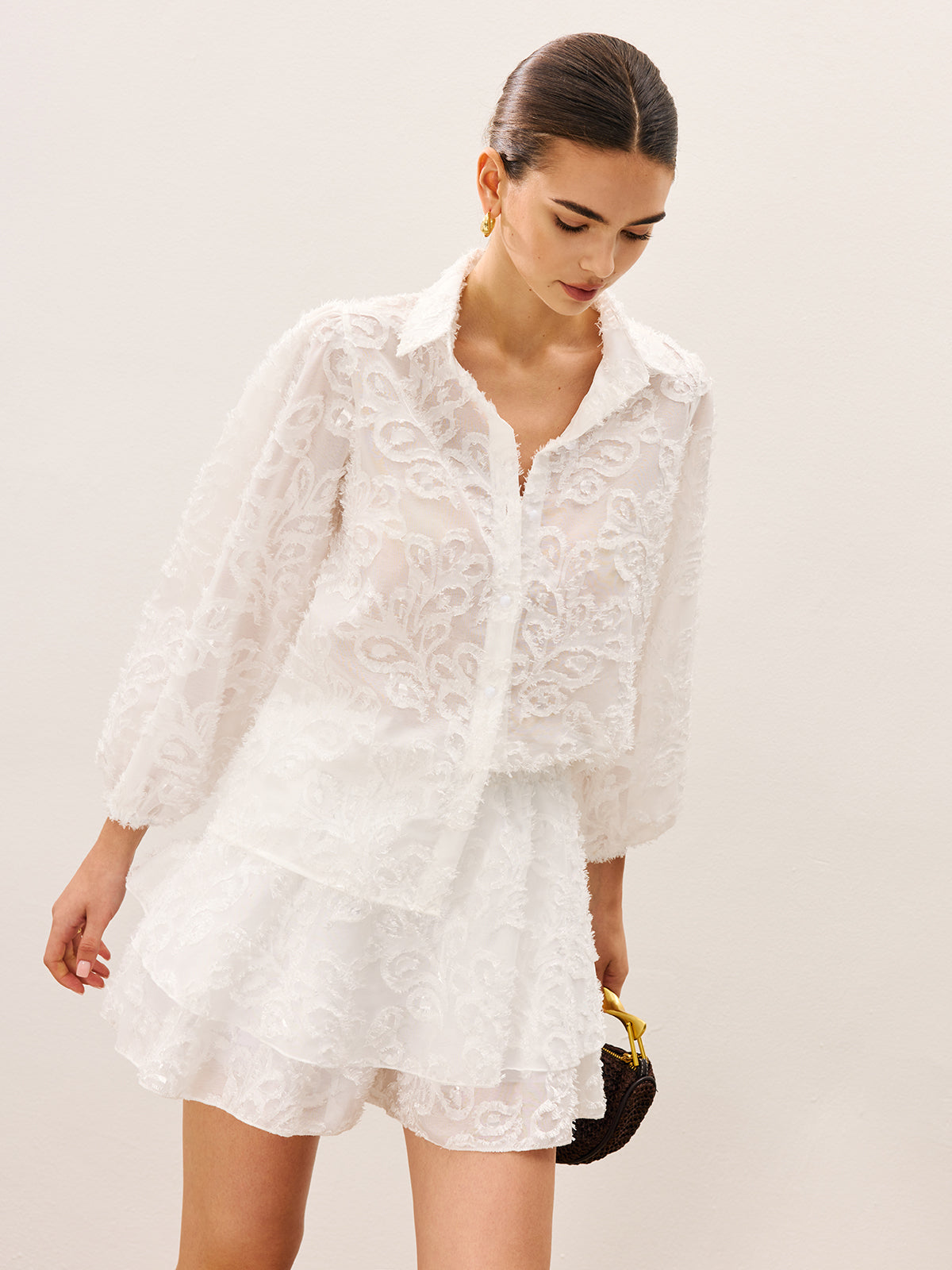 Semi-Sheer Embroidered Pleated Skirt Set in White — Svelte Chic