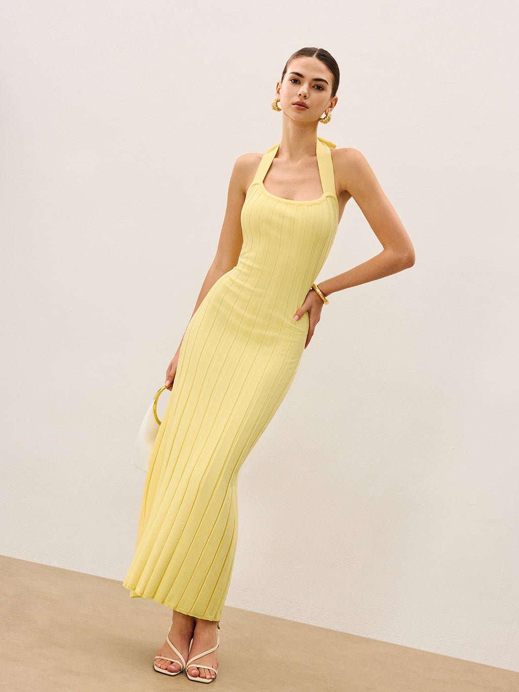 Halter Ribbed Knit Maxi Dress in Light Yellow — Svelte Chic