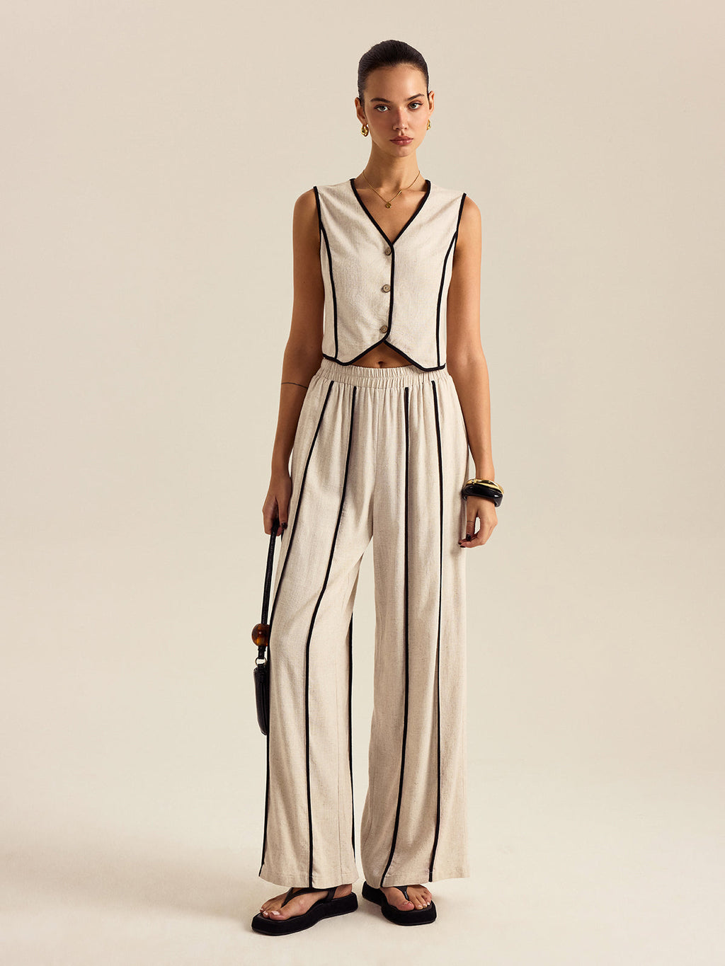 Linen Blend Trouser Set with Contrast Binding in Apricot — Svelte Chic