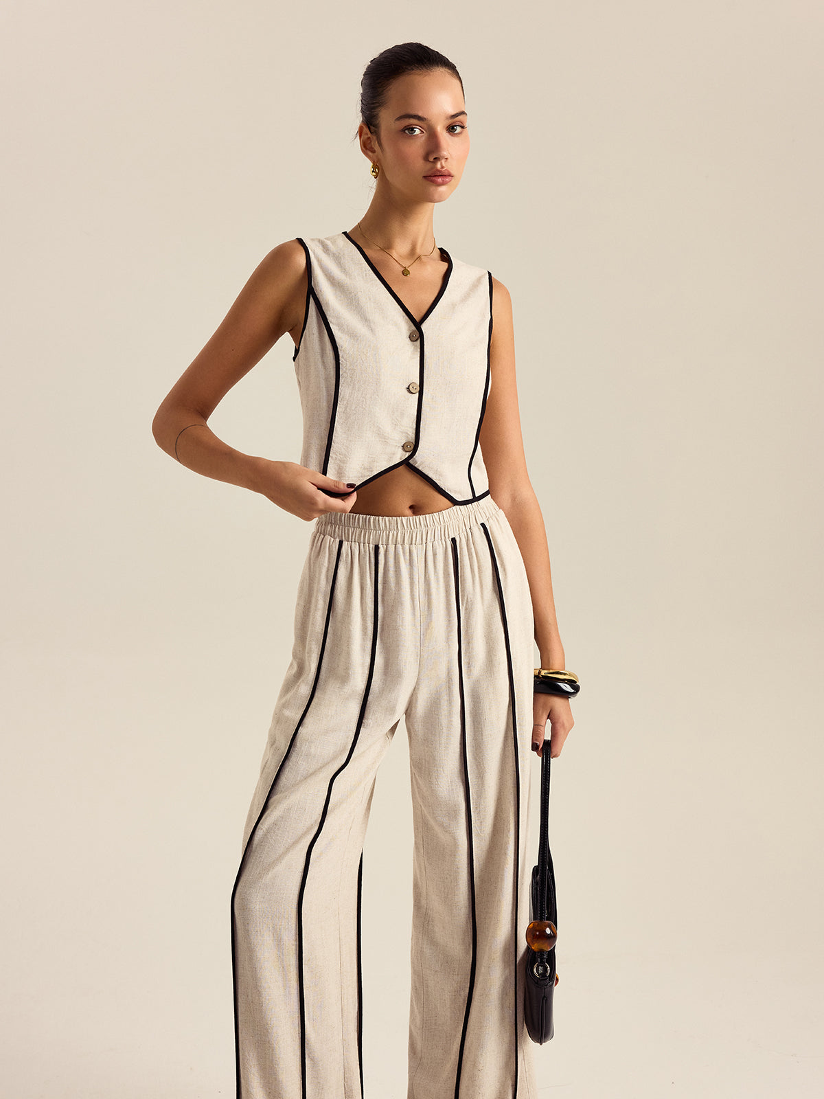 Linen Blend Trouser Set with Contrast Binding — Svelte Chic
