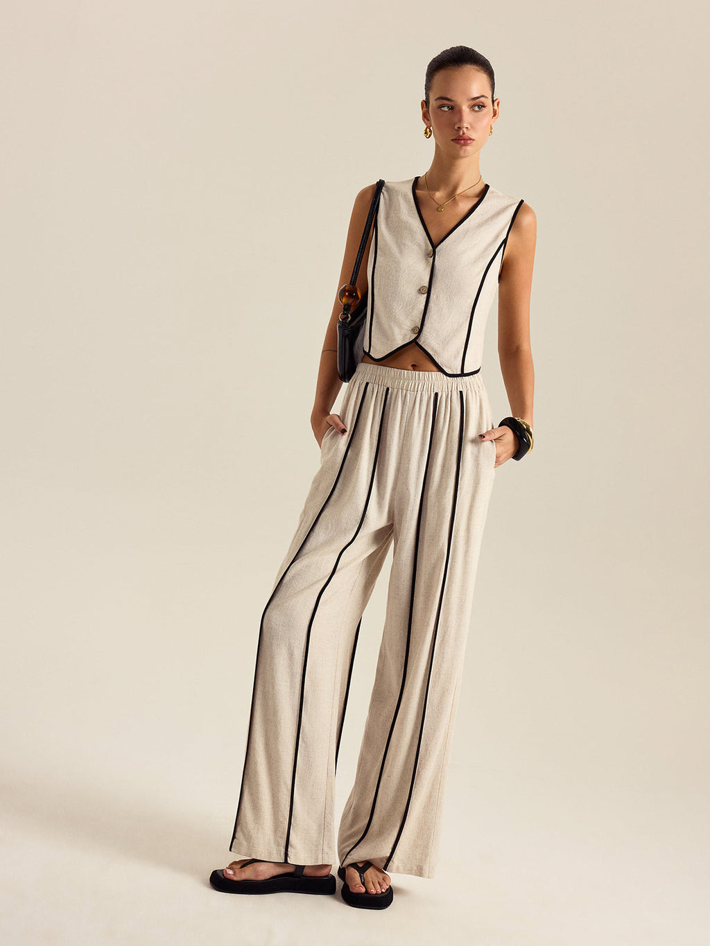 Linen Blend Trouser Set with Contrast Binding — Svelte Chic