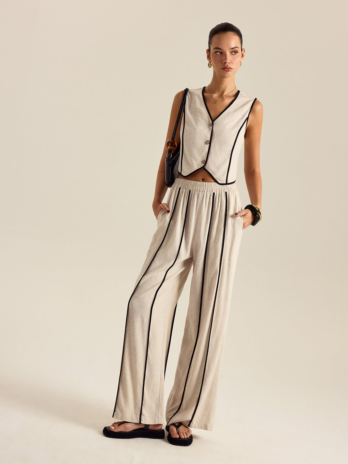 Linen Blend Trouser Set with Contrast Binding — Svelte Chic