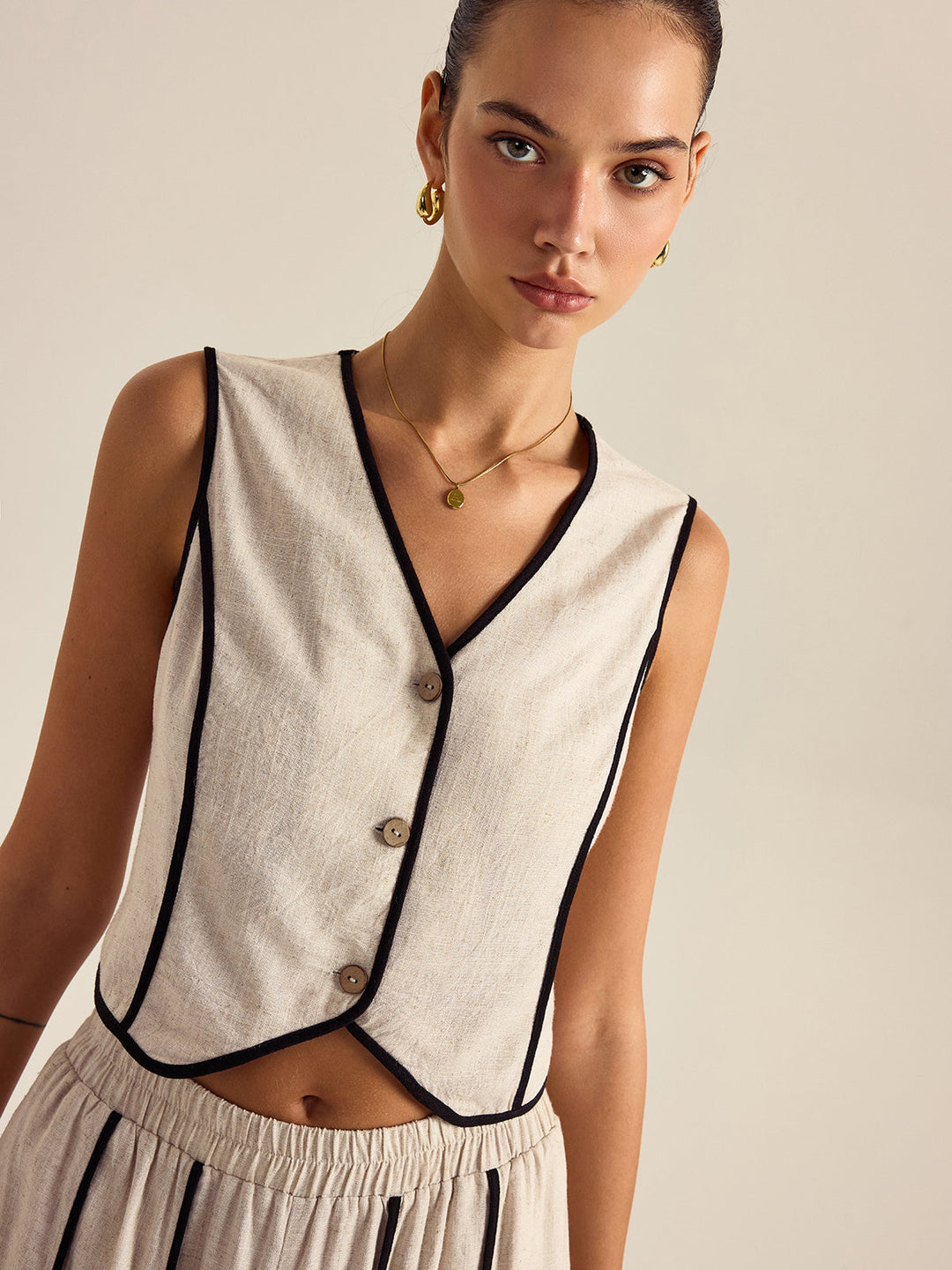 desenli keten ve pamuklu pantolon takımı, elastik beli