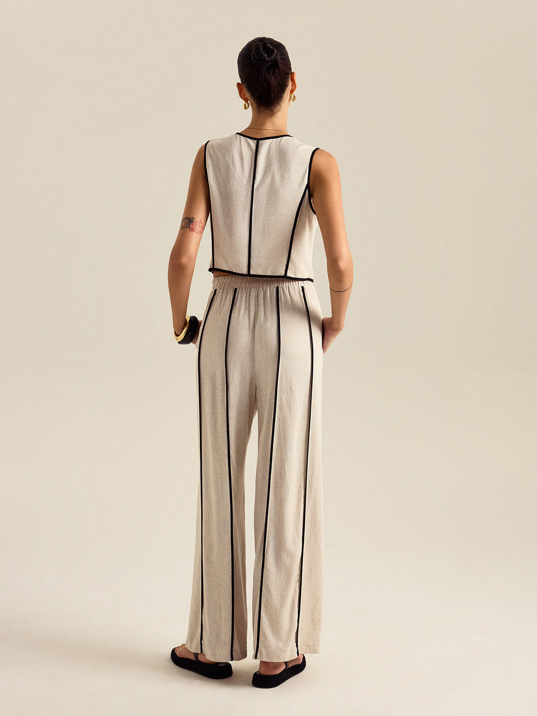 desenli keten ve pamuklu pantolon takımı, elastik beli