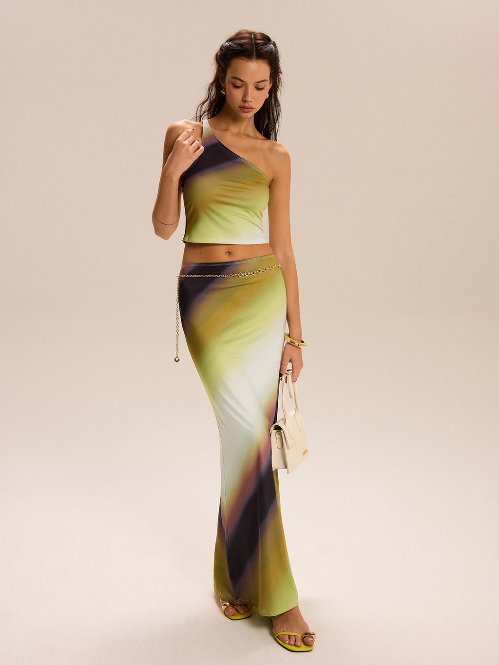 Gradient One Shoulder Skirt Set in Green — Svelte Chic