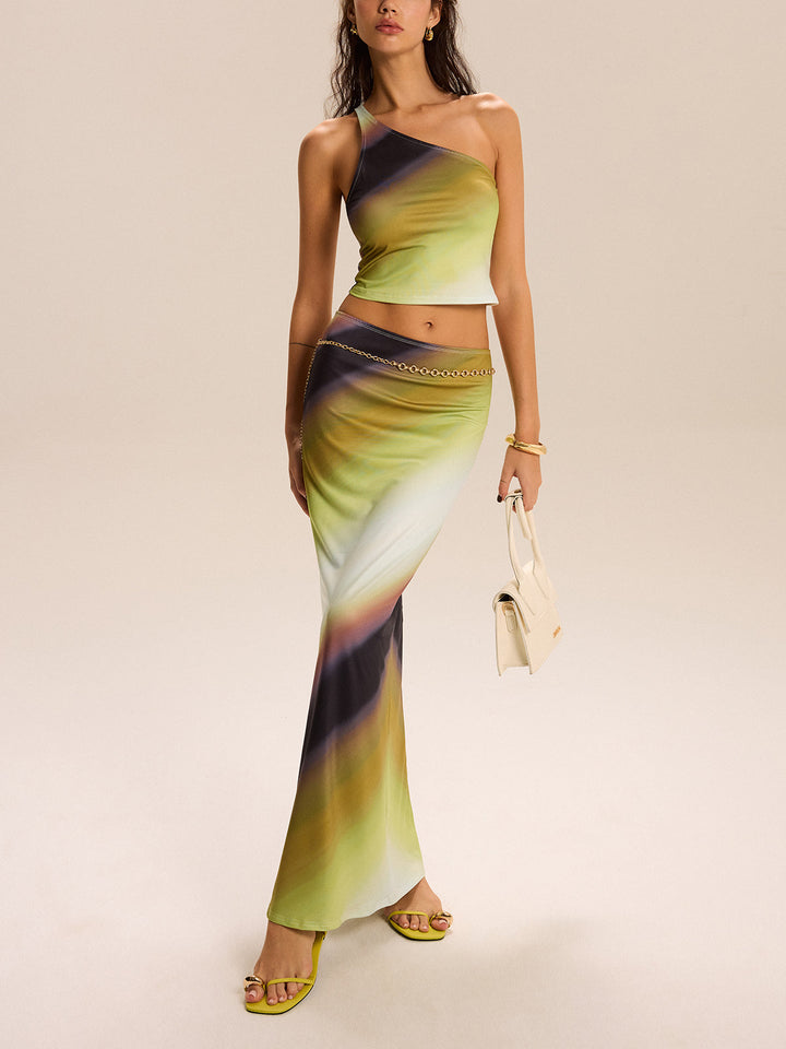 Şık degrade baskılı tek omuz etek takımı