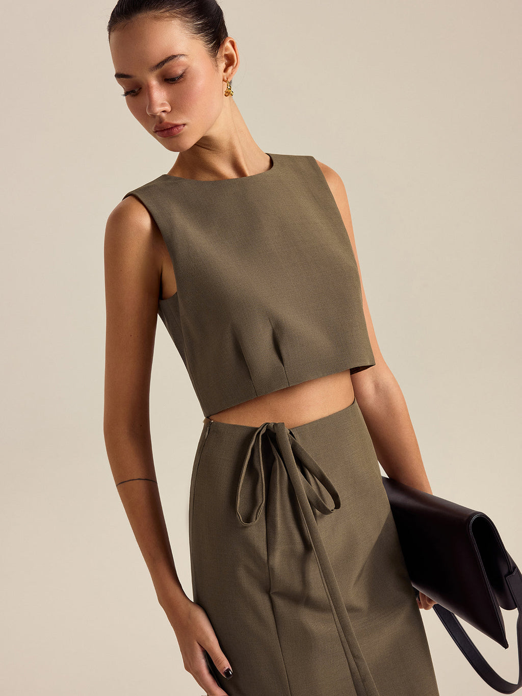 Crew Neck Cropped Top in Khaki — Svelte Chic