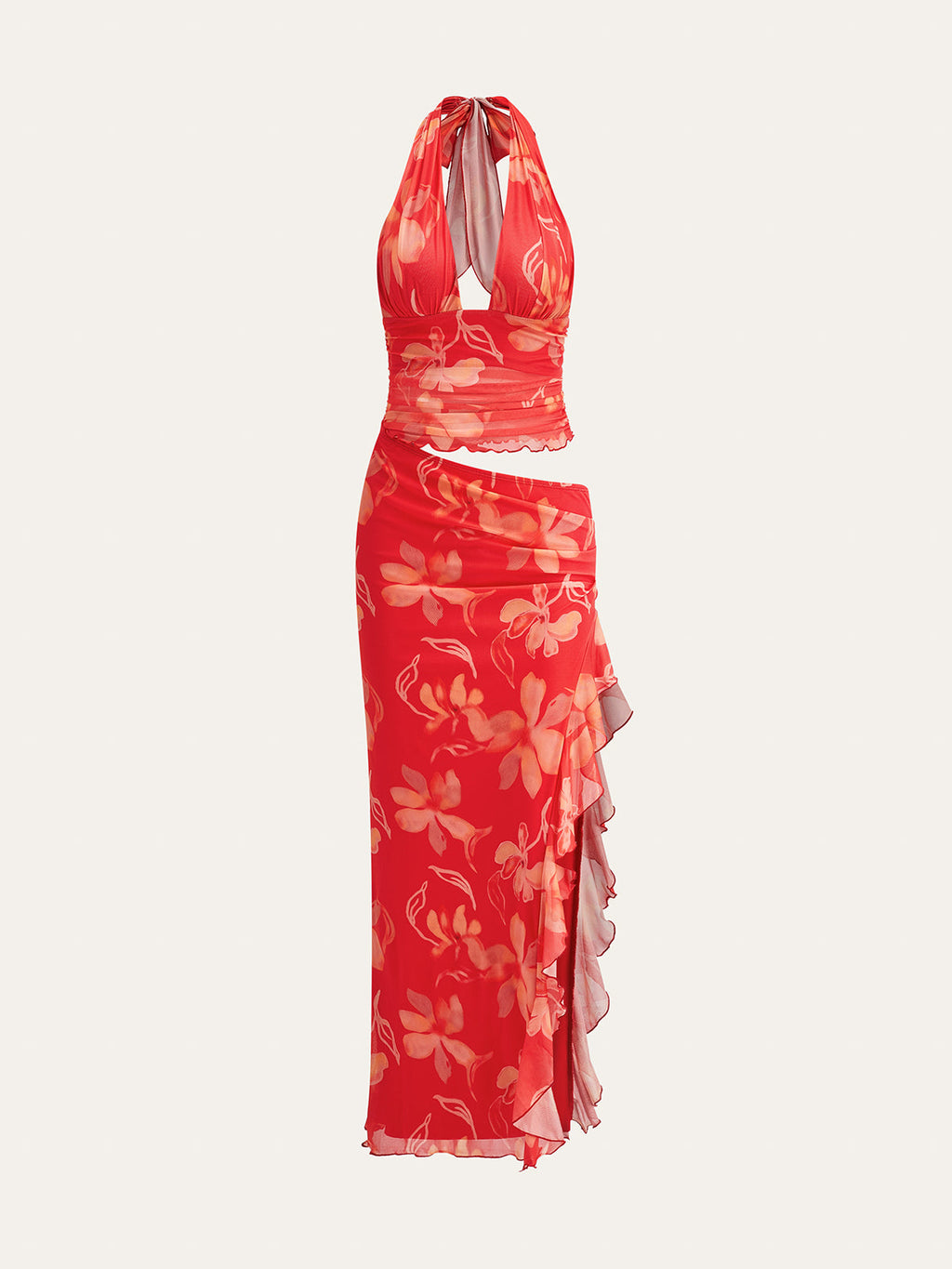 Semi-Sheer Floral Halter Maxi Dress in Red — Svelte Chic