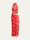Semi-Sheer Floral Halter Maxi Dress in Red — Svelte Chic