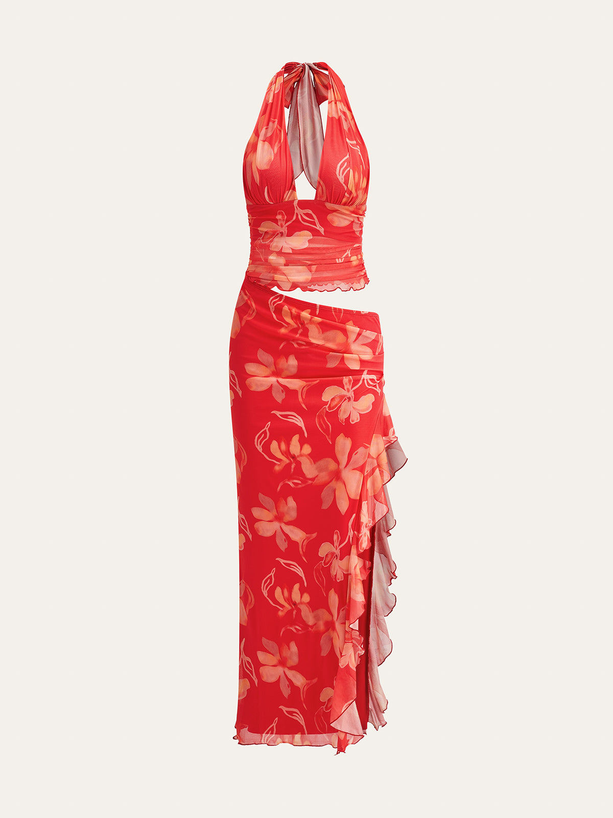 Semi-Sheer Floral Halter Maxi Dress in Red — Svelte Chic