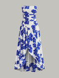 Strapless Floral Asymmetric Maxi Dress in Blue — Svelte Chic