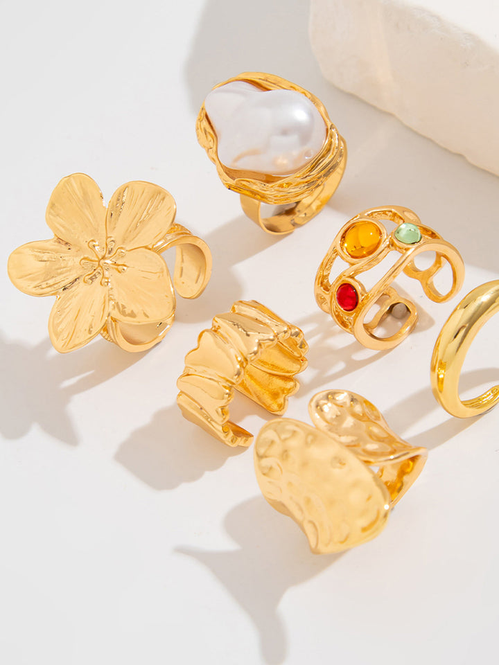 6 Parçalık Şık Tasarımlı Yüzük Takımı İncili ve Çiçek Desenli