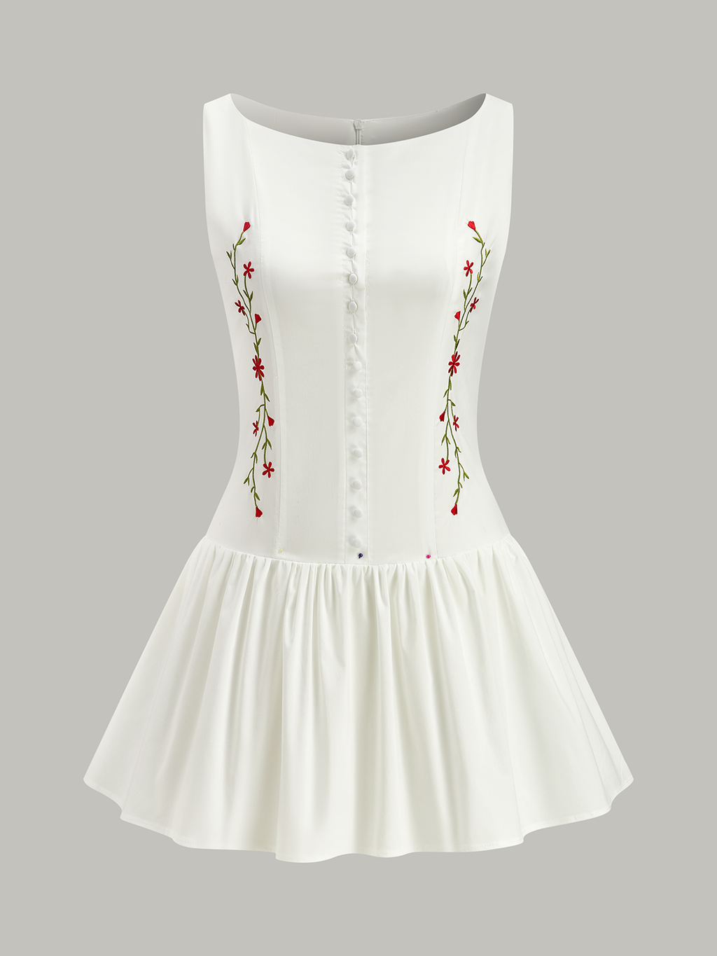 Floral Embroidered Button Mini Dress in White — Svelte Chic