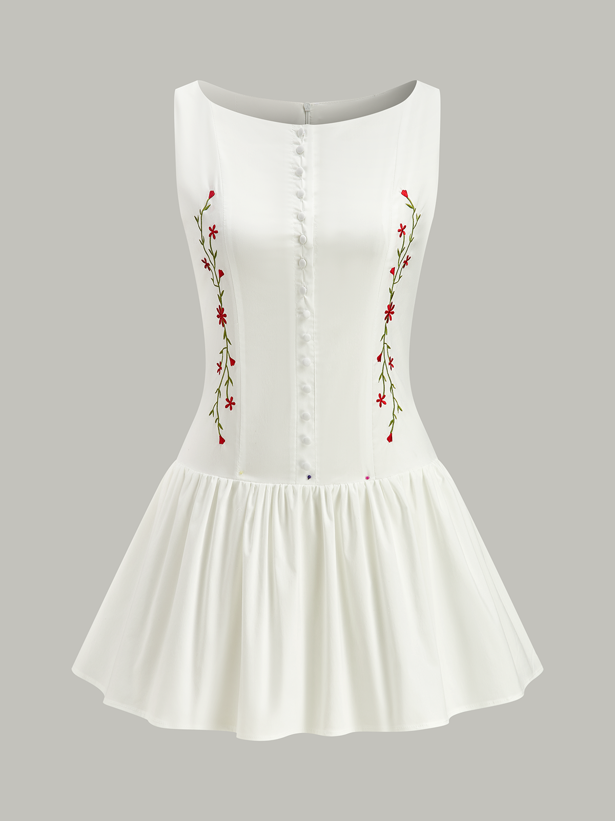 Floral Embroidered Button Mini Dress in White — Svelte Chic