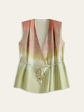 V-Neck Satin Top with Tie Belt in Multicolor — Svelte Chic