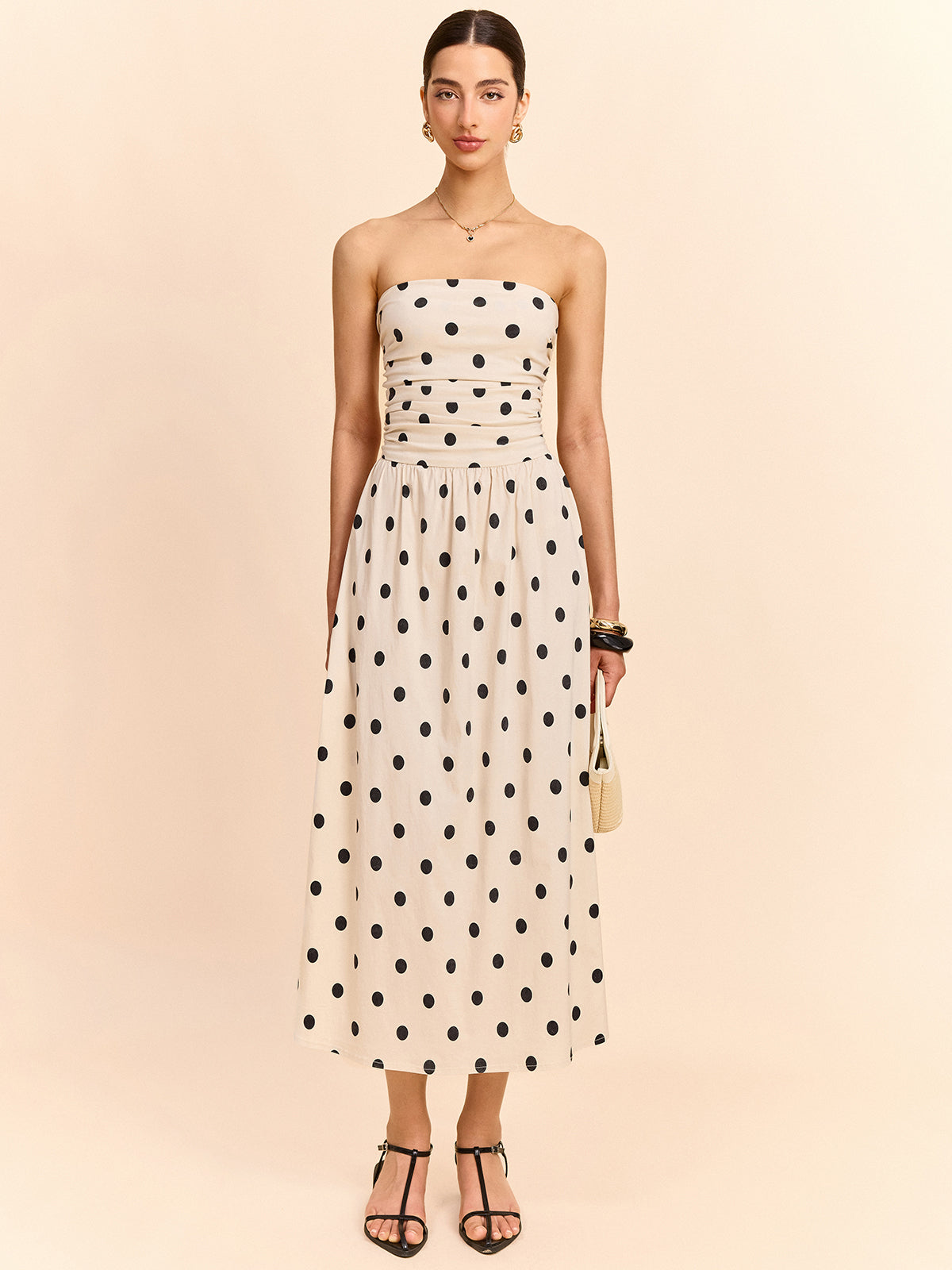Strapless Polka Dot Ruched Midi Dress — Svelte Chic