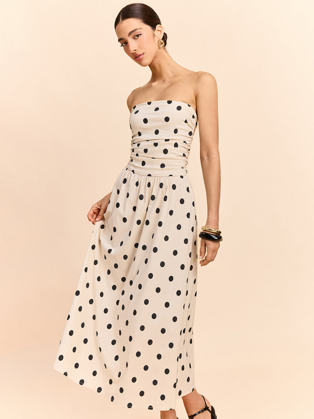 Strapless Polka Dot Ruched Midi Dress — Svelte Chic