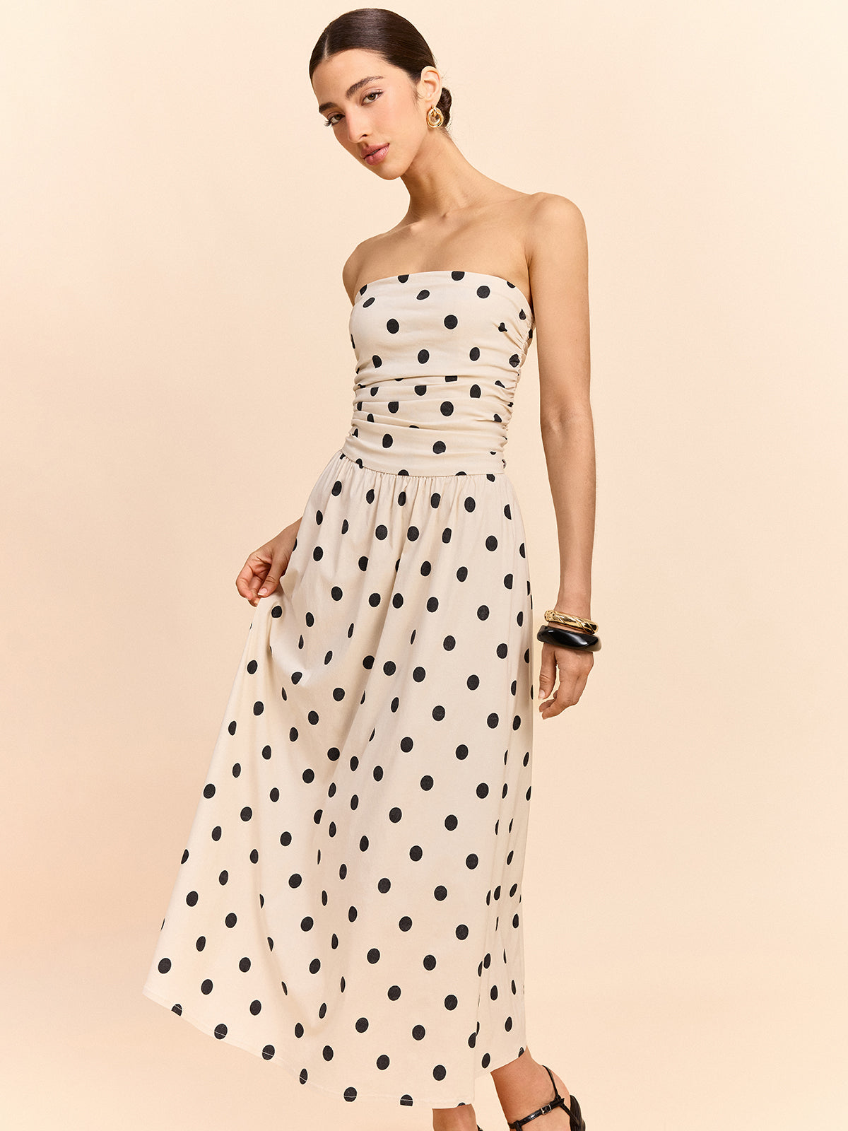 Strapless Polka Dot Ruched Midi Dress — Svelte Chic