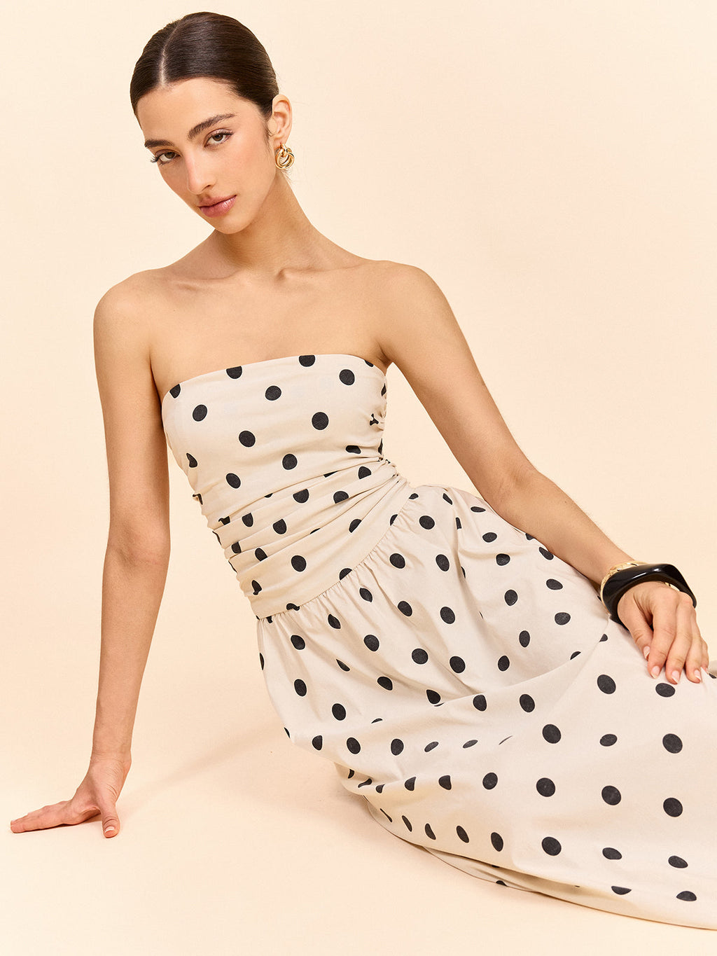 Strapless Polka Dot Ruched Midi Dress — Svelte Chic