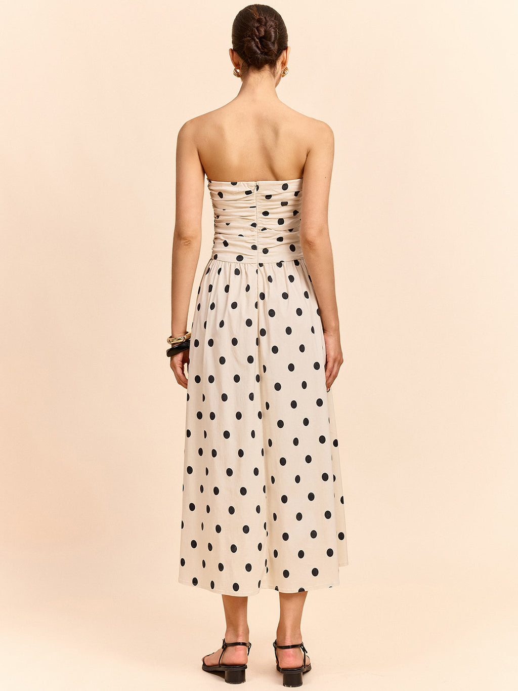 Strapless Polka Dot Ruched Midi Dress — Svelte Chic