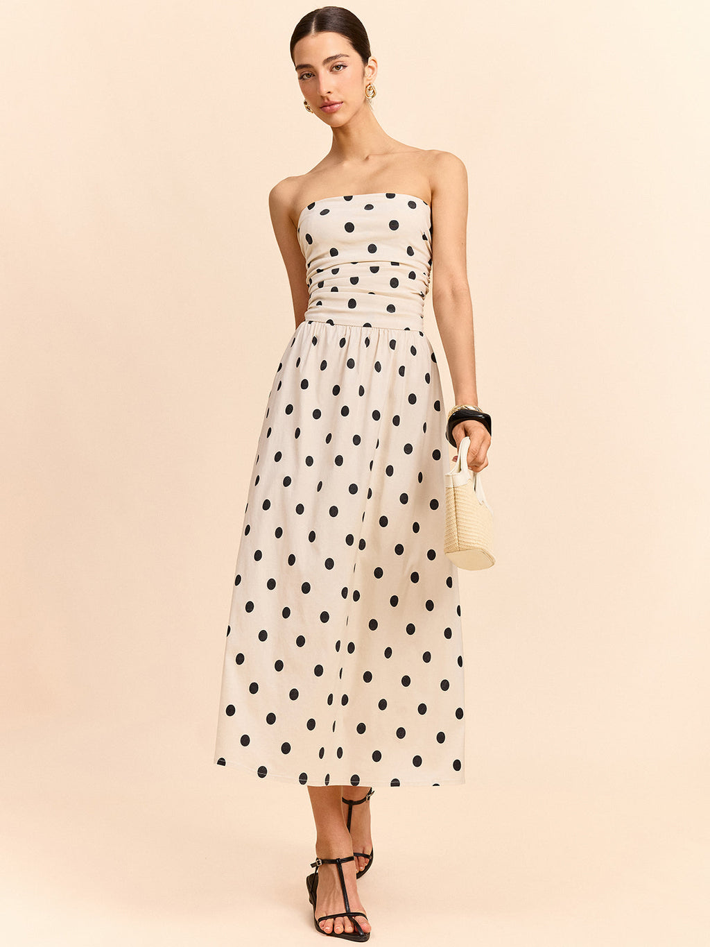 Strapless Polka Dot Ruched Midi Dress in Apricot — Svelte Chic