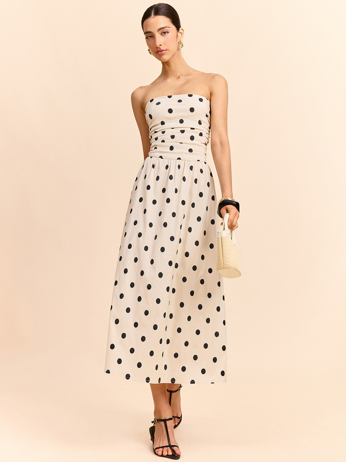 Strapless Polka Dot Ruched Midi Dress in Apricot — Svelte Chic