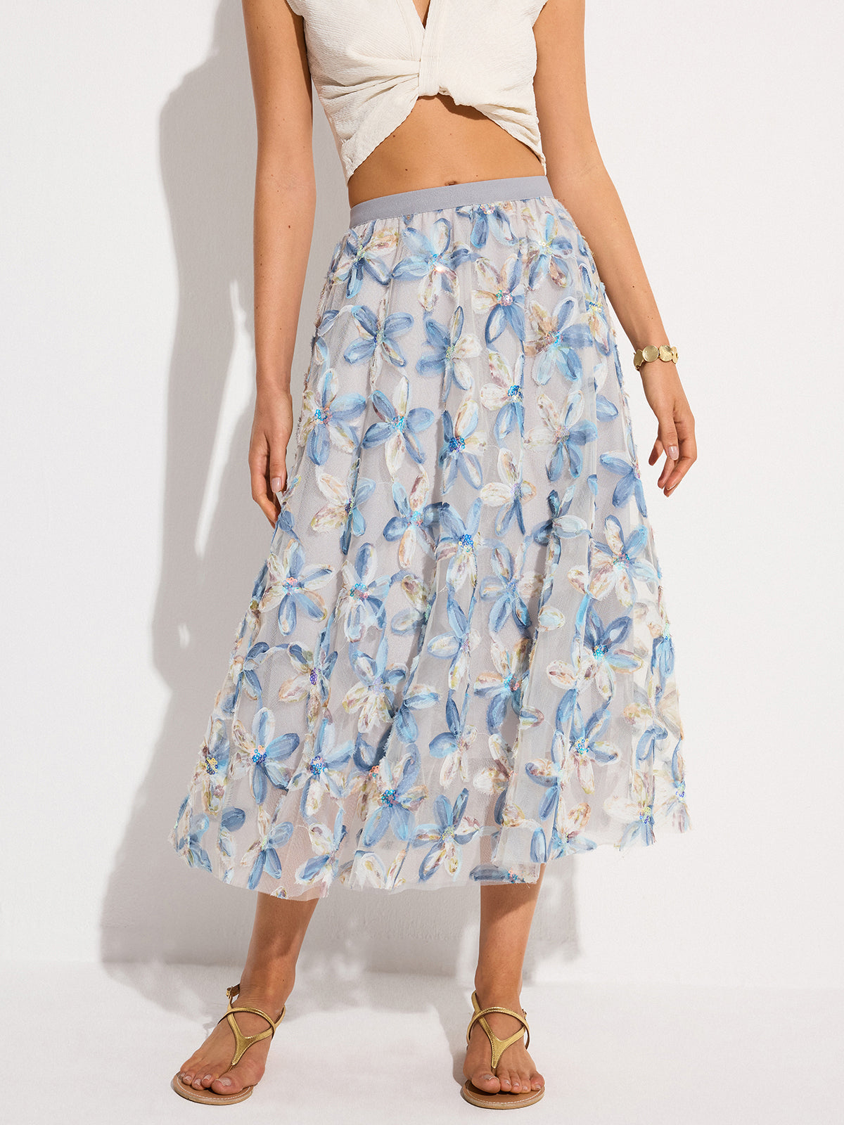 Floral Mesh Midi Skirt in Multicolor — Svelte Chic