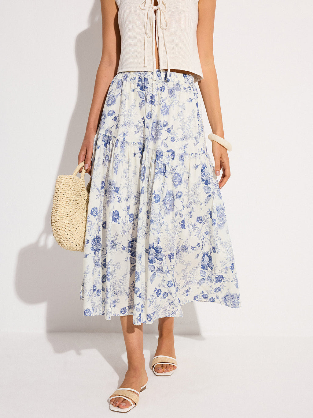 Floral Elastic Waist Midi Skirt in Blue — Svelte Chic