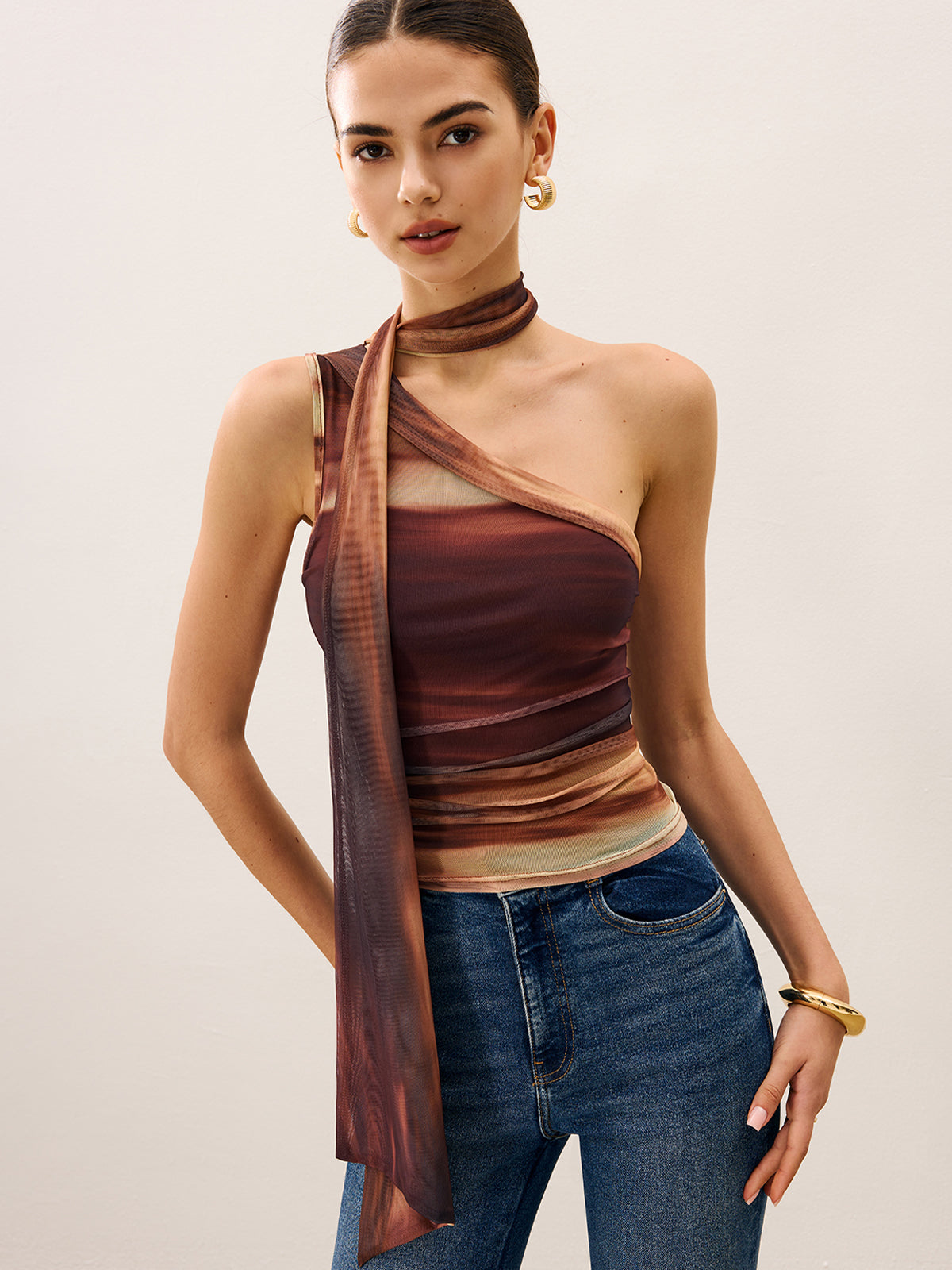 One Shoulder Mesh Cropped Top in Brown — Svelte Chic