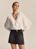 Ruffle V-Neck Chiffon Blouse in White in White — Svelte Chic