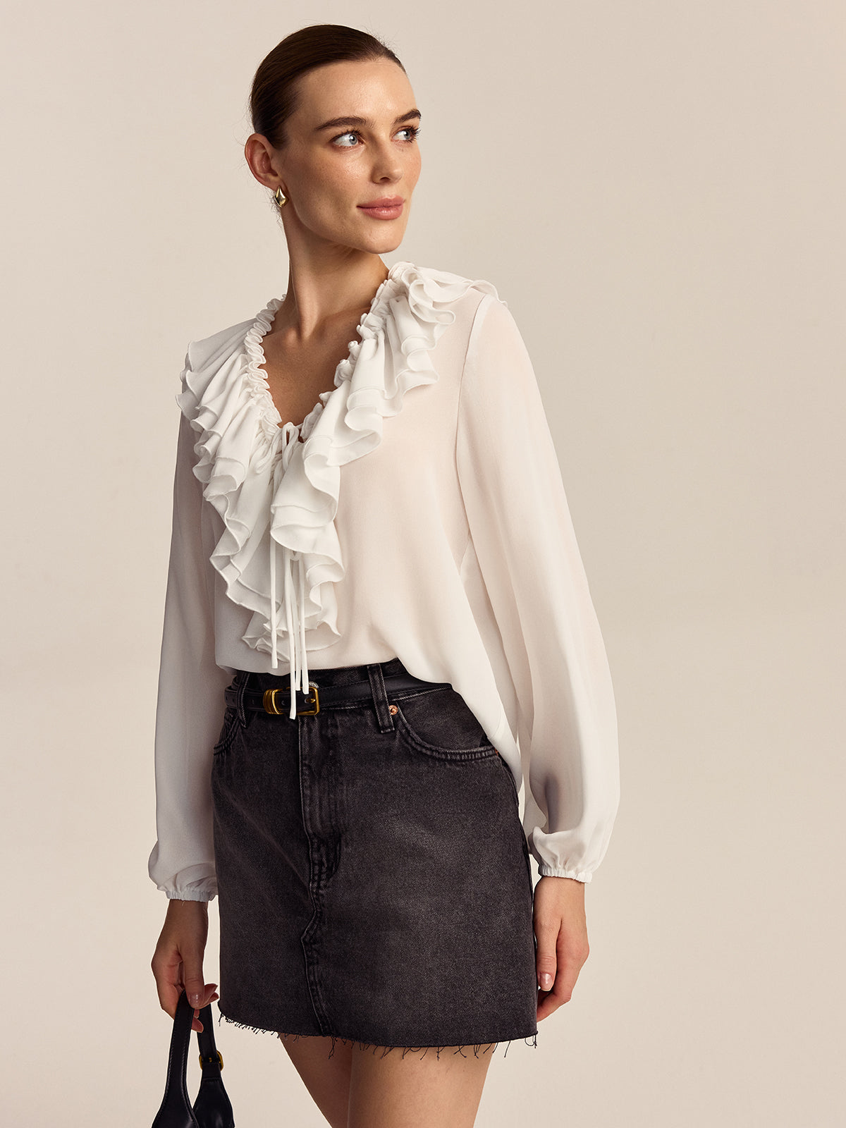 Ruffle V-Neck Chiffon Blouse in White — Svelte Chic