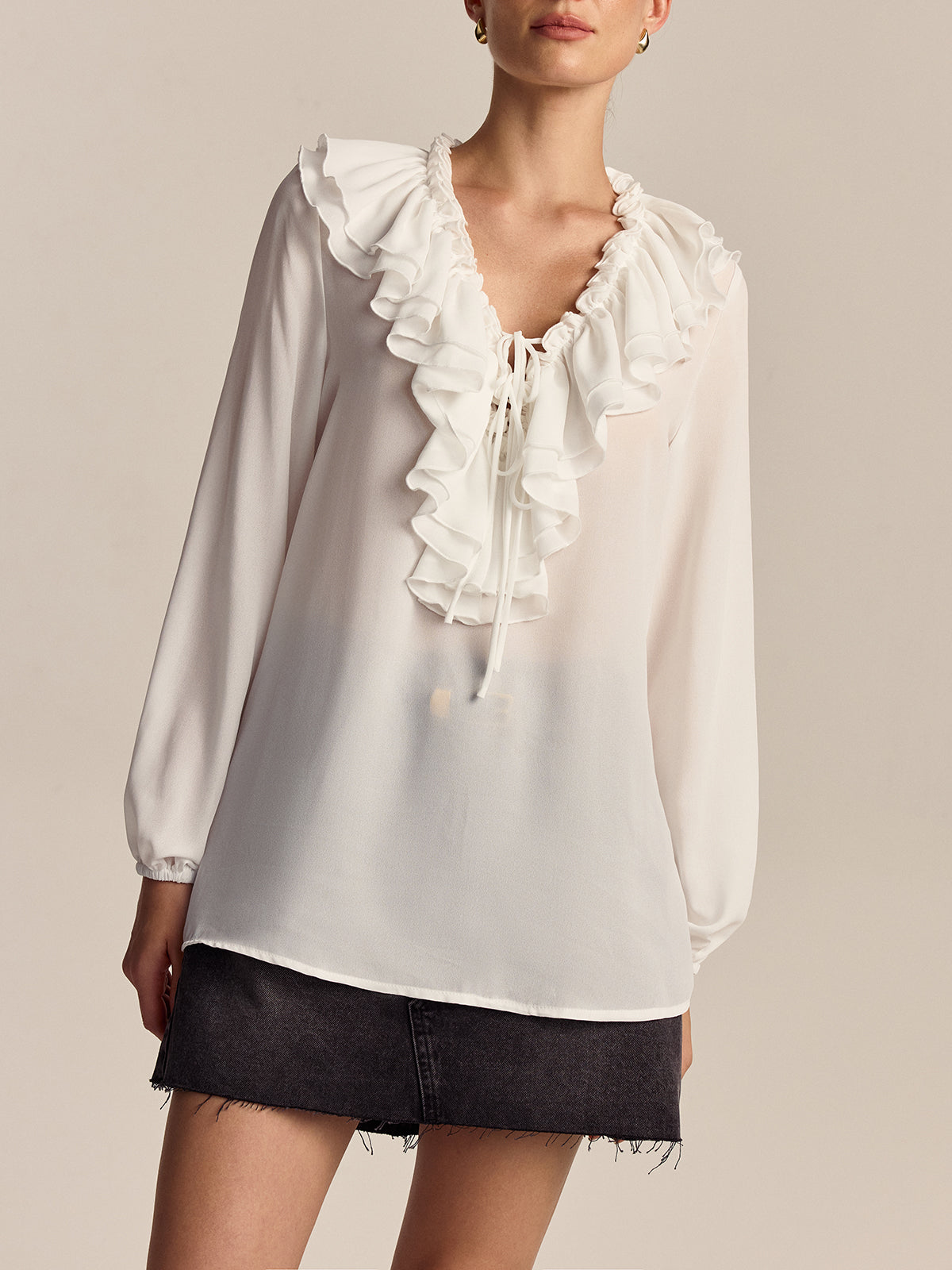 Ruffle V-Neck Chiffon Blouse in White — Svelte Chic