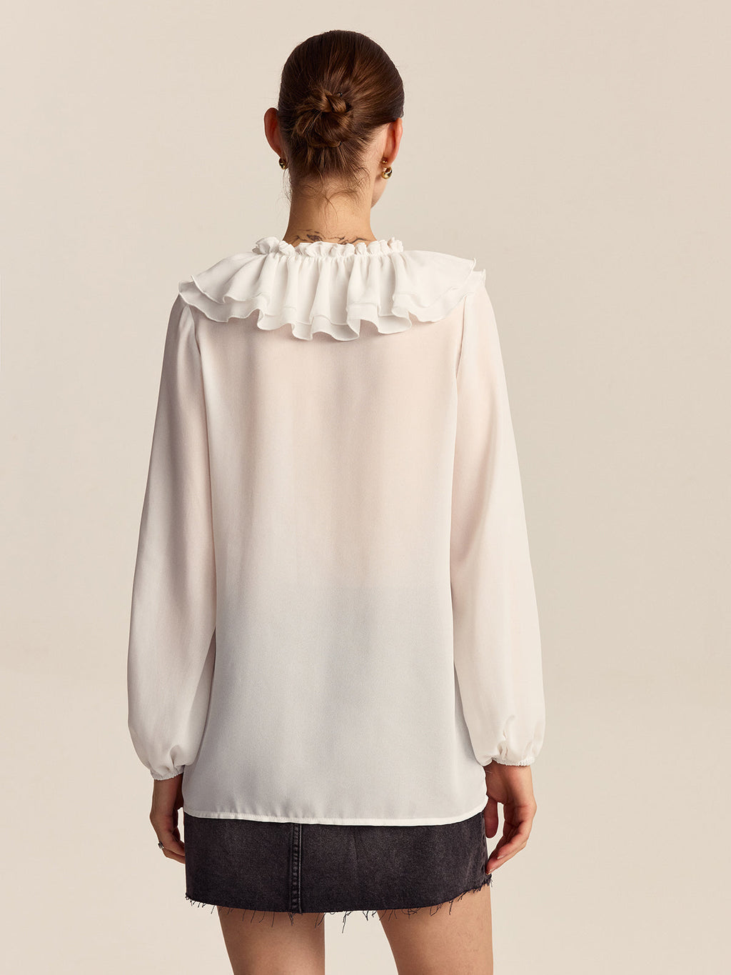 Ruffle V-Neck Chiffon Blouse in White — Svelte Chic
