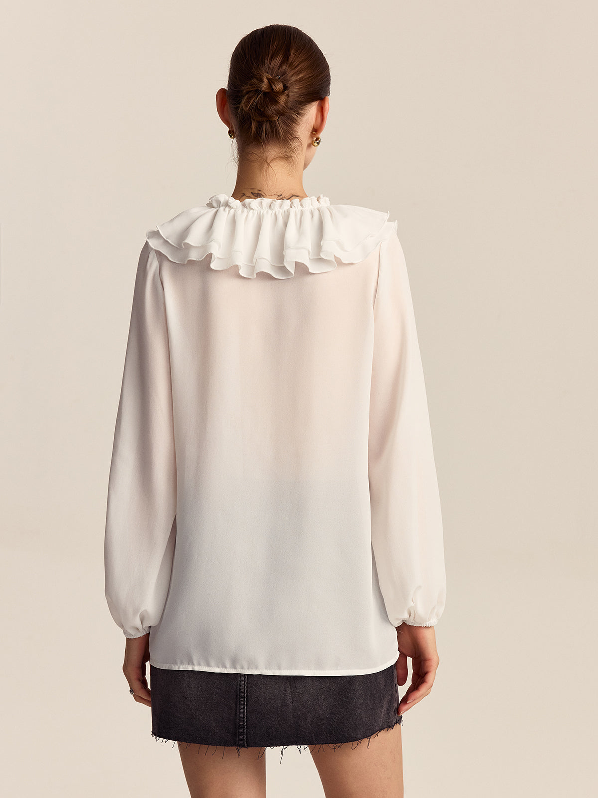 Ruffle V-Neck Chiffon Blouse in White — Svelte Chic