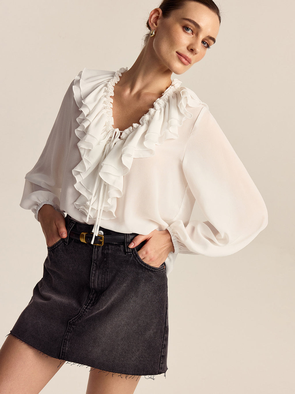 Ruffle V-Neck Chiffon Blouse in White — Svelte Chic