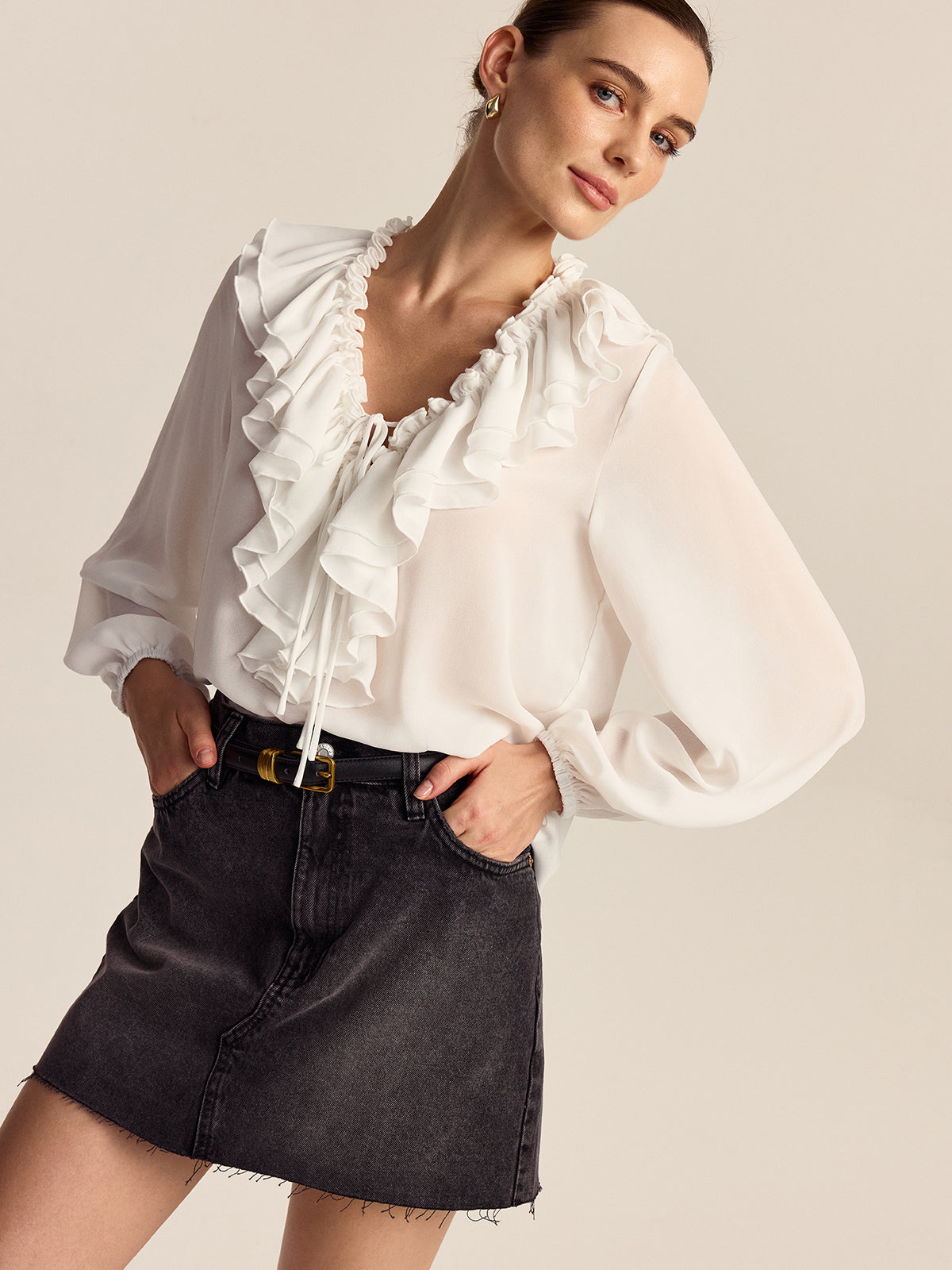 Ruffle V-Neck Chiffon Blouse in White — Svelte Chic