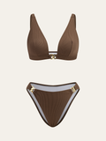 Metal Detail Textured Bikini Set in Brown — Svelte Chic