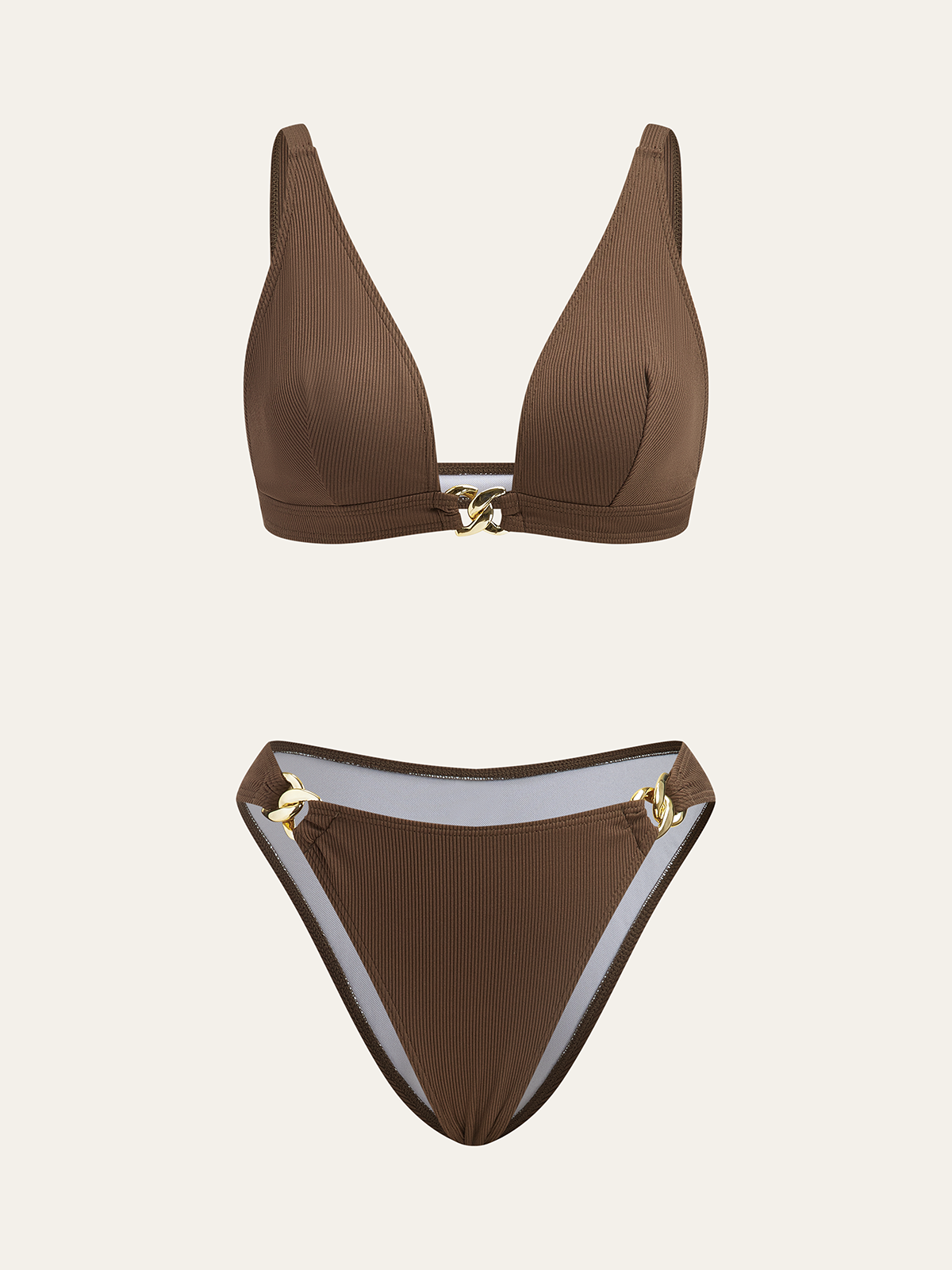 Metal Detail Textured Bikini Set in Brown — Svelte Chic