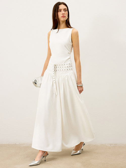 Belted Low Waist Maxi Dress in White — Svelte Chic