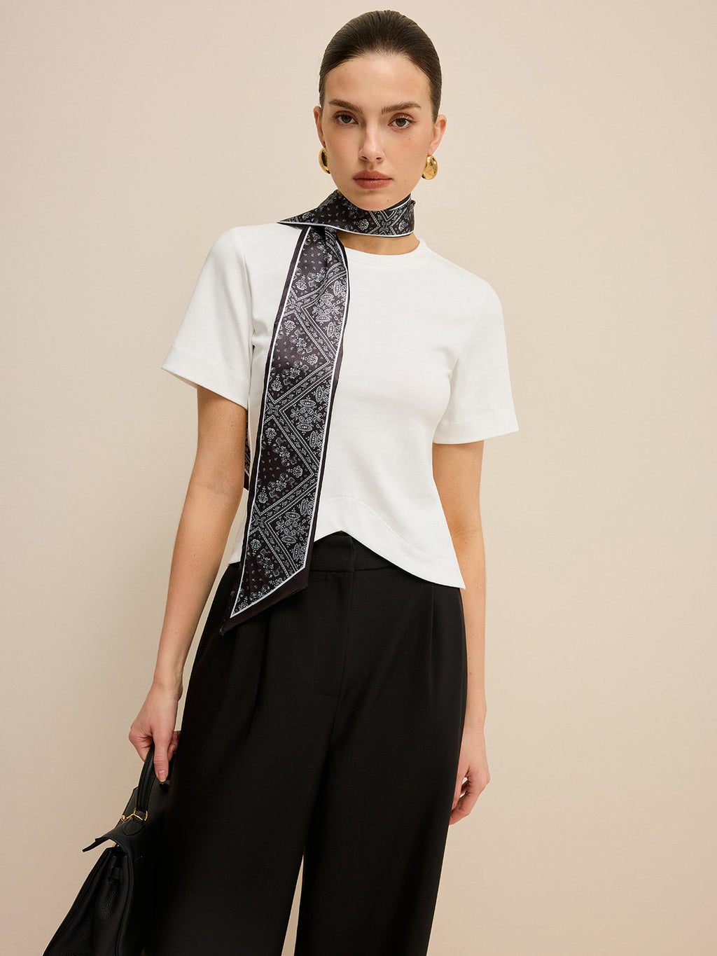 Irregular Hem Cotton Top with Scarf in White — Svelte Chic