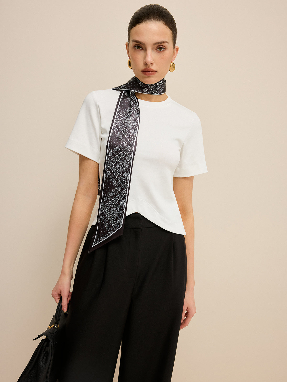 Irregular Hem Cotton Top with Scarf in White — Svelte Chic
