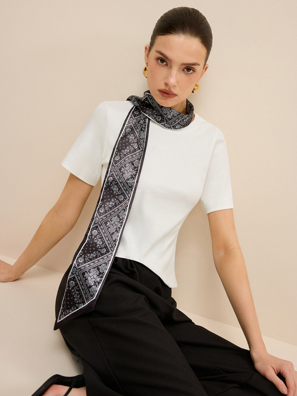 Irregular Hem Cotton Top with Scarf — Svelte Chic