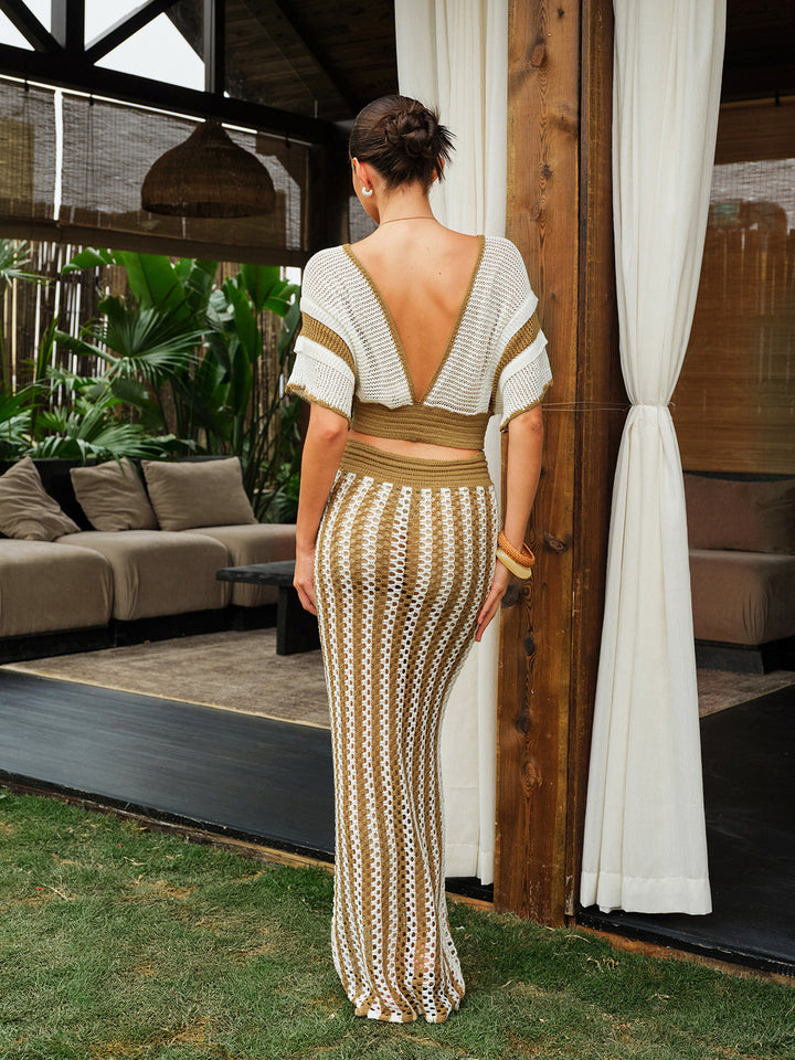 Bantlı Saçaklı Çizgili Düğümlü İp Askılı Örgü Etek Takımı