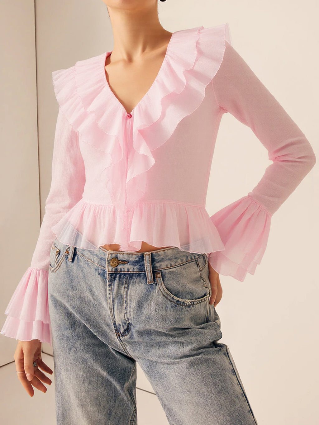 Ruffle V-Neck Knot Blouse in Powder Pink — Svelte Chic