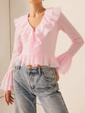 Ruffle V-Neck Knot Blouse in Powder Pink — Svelte Chic