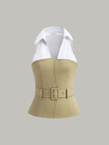 Belted Colour Block Sleeveless Top in Khaki — Svelte Chic