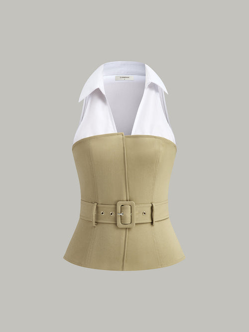 Belted Colour Block Sleeveless Top in Khaki — Svelte Chic