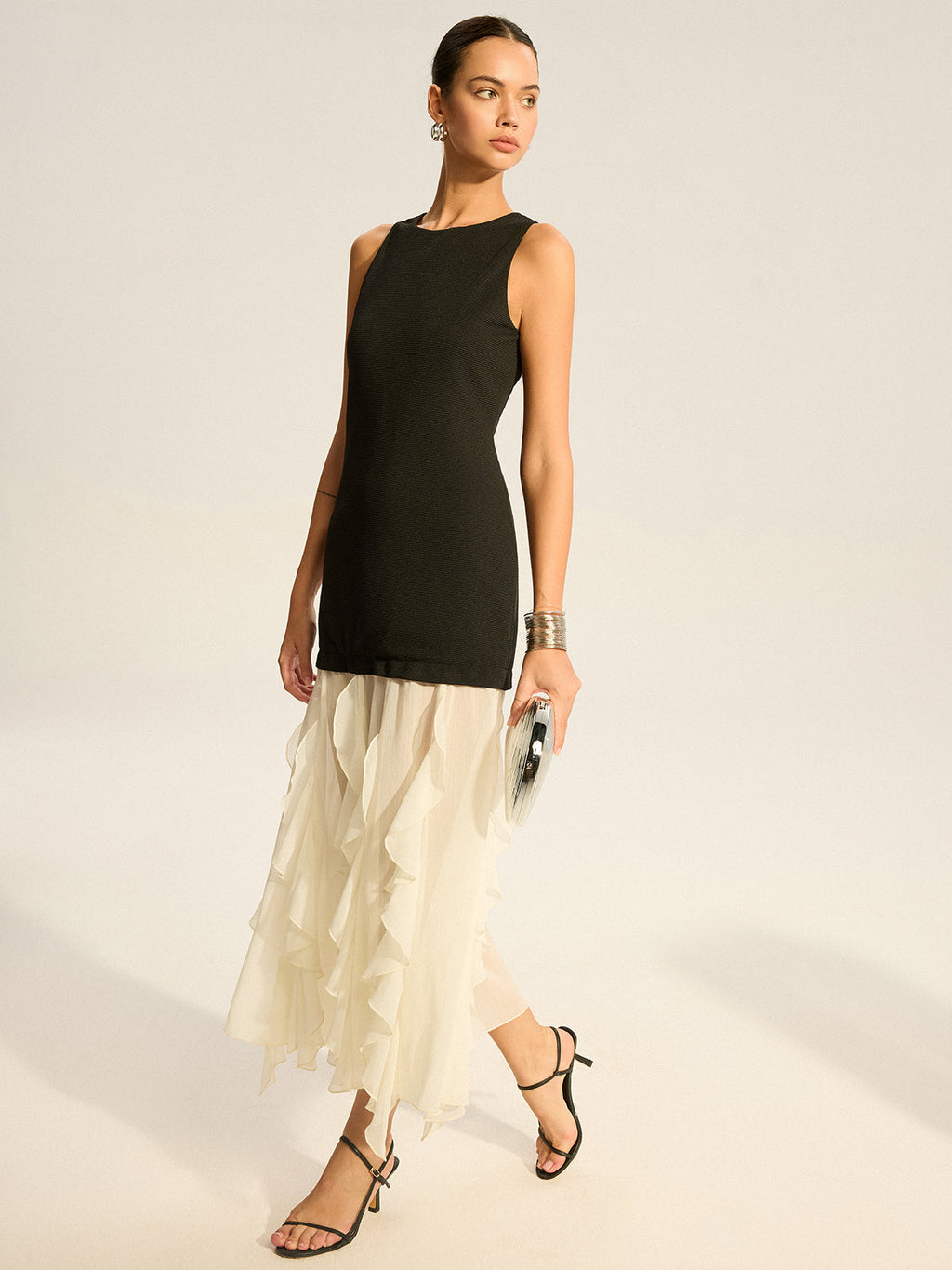 Semi-Sheer Tiered Chiffon Midi Dress in Black & White — Svelte Chic