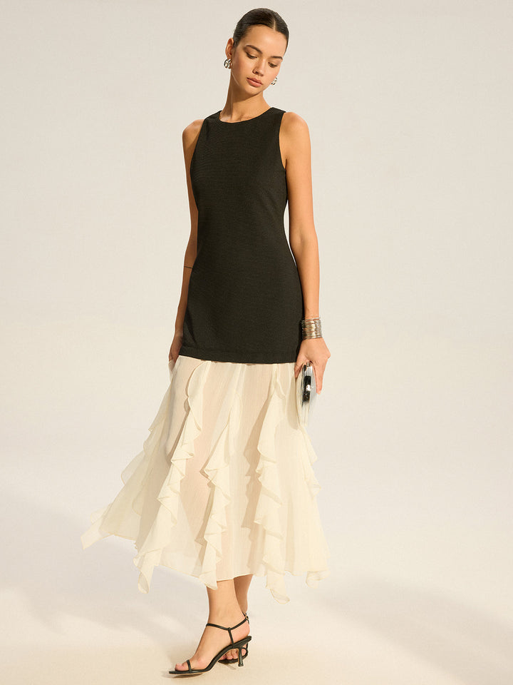 2'si 1 Arada Yarı Saydam Katlı Etekli Maxi Elbise